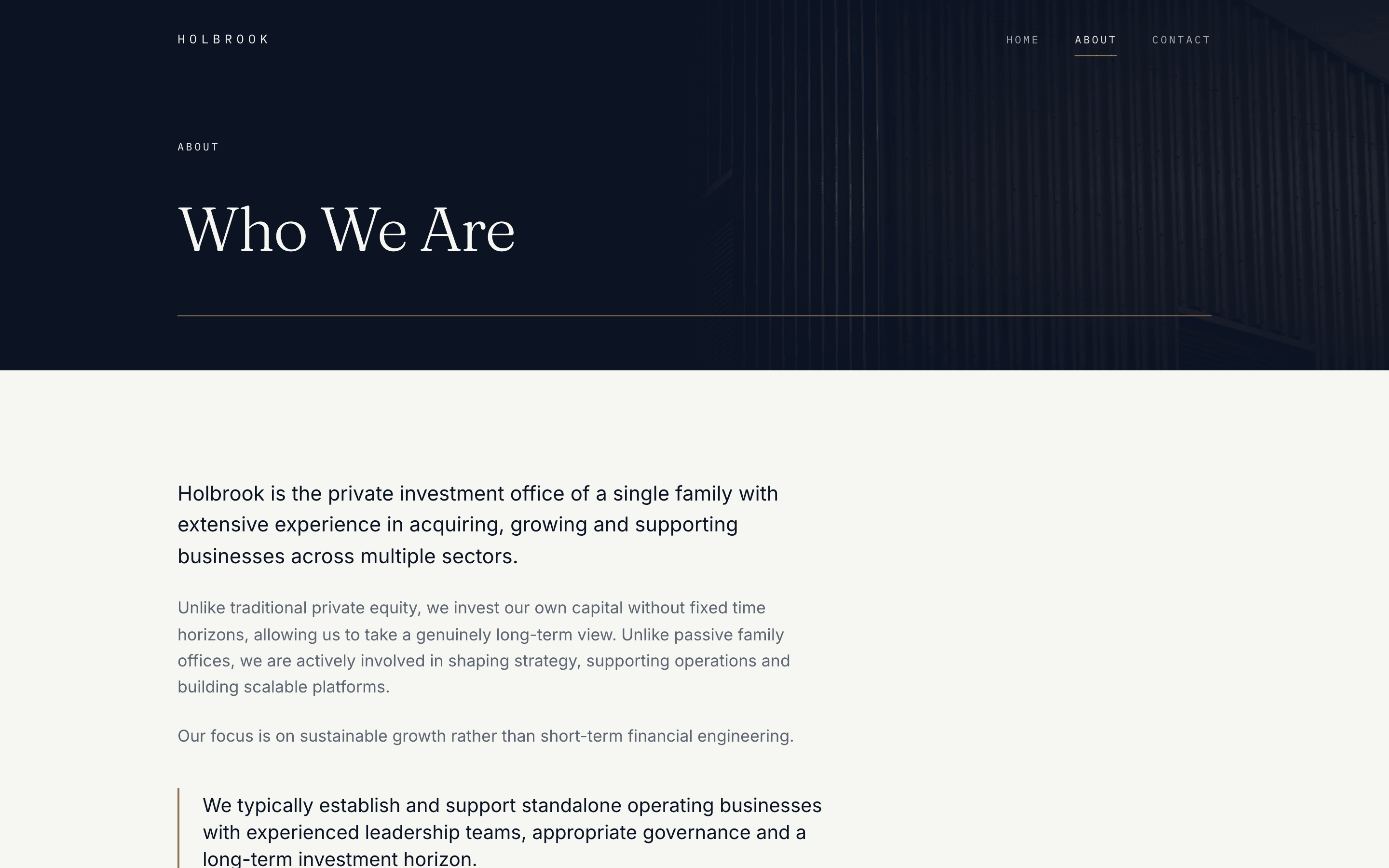 Holbrook's about page opener, Who We Are, introducing the private investment office