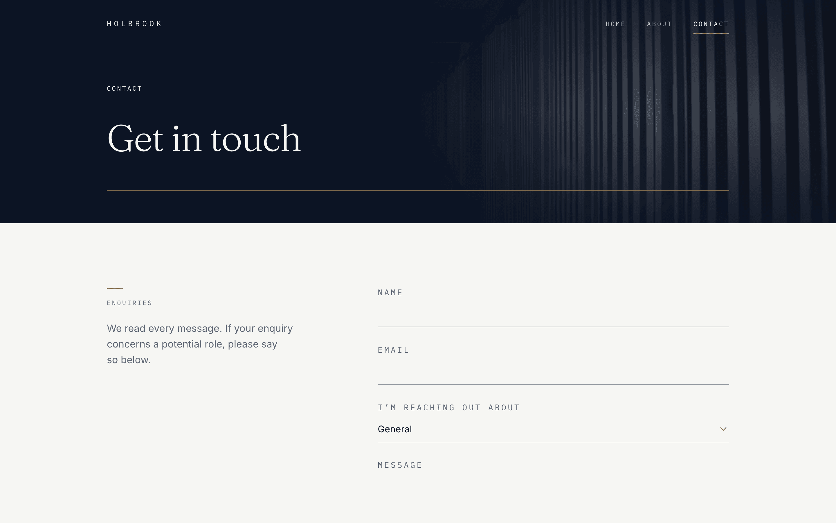 Holbrook's contact page, a plain enquiry form with no pop-up and no chasing