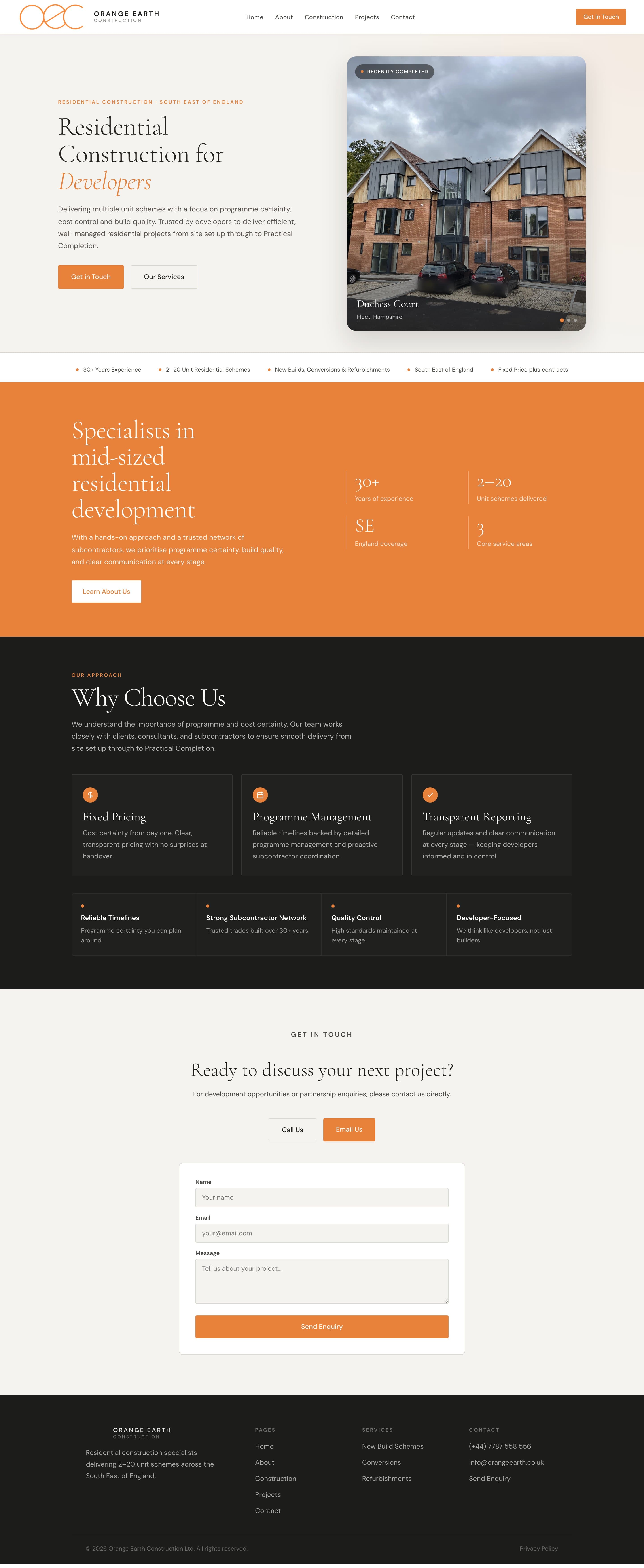 The Orange Earth Construction website home page, captured in full