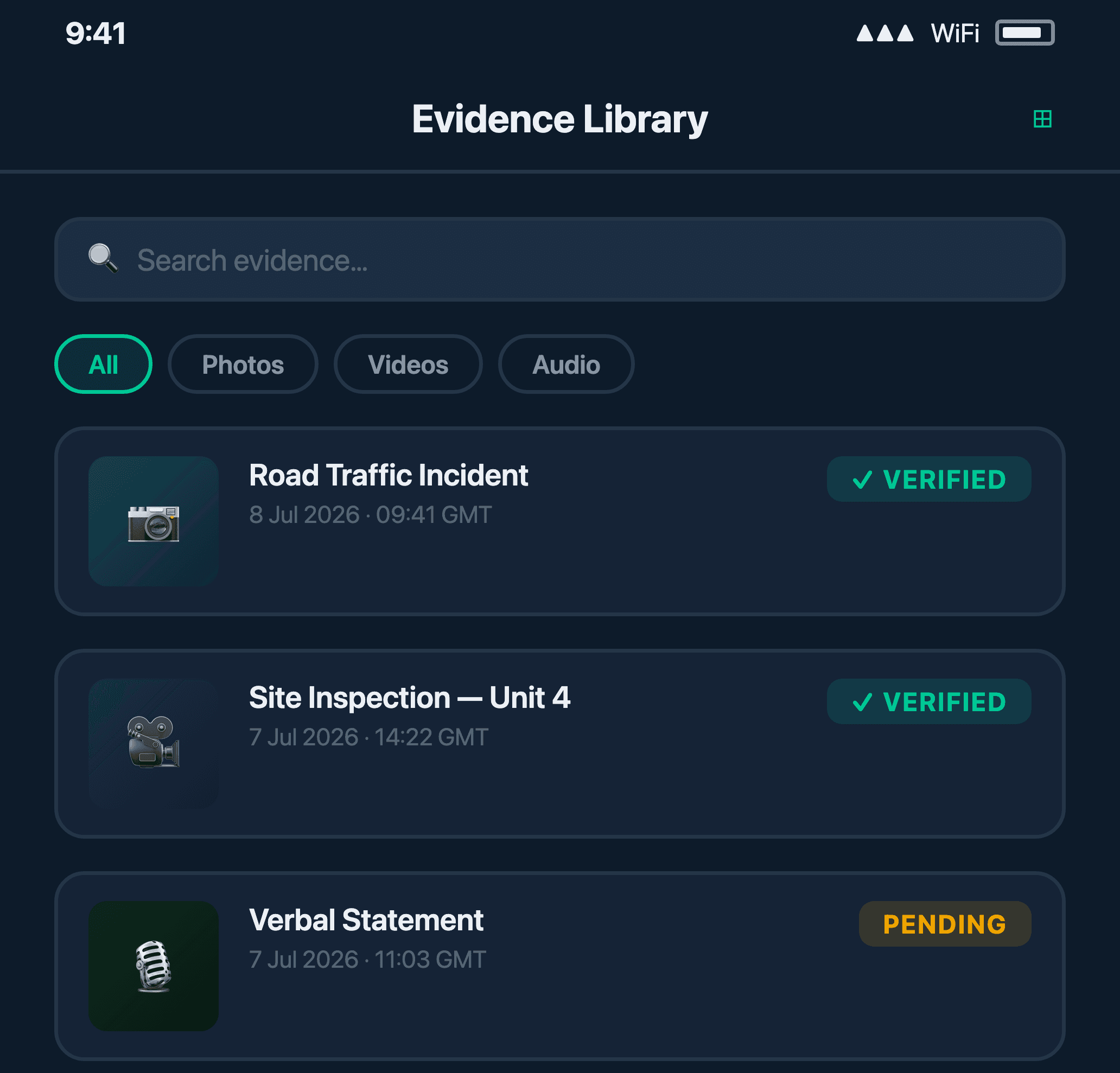 Witnessed's evidence library on iPad, every item organised and its verified status visible at a glance