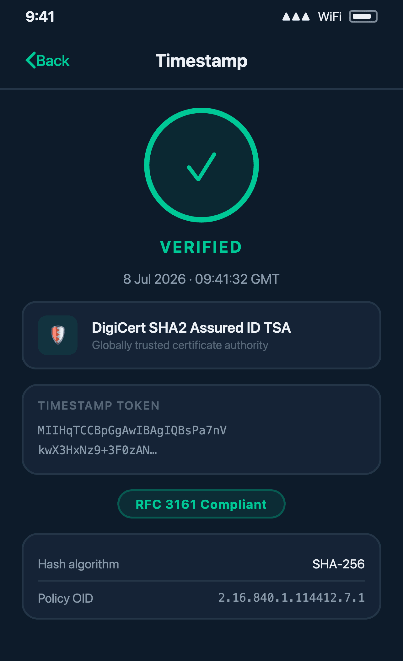 Witnessed's seal screen, a verified badge with a cryptographic timestamp token and SHA-256 hash